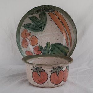 RARE Brightly Colored Signed Pottery with Vegetable Pattern- Large and Small Set